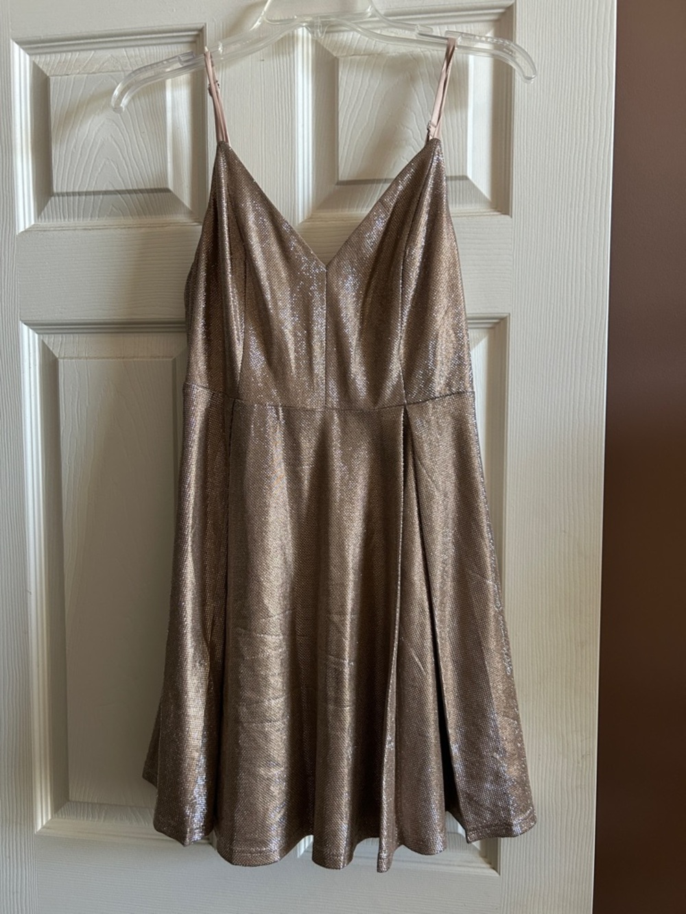 Lulu's Shimmery Taupe Metallic Spaghetti-Strap Mini Dress
